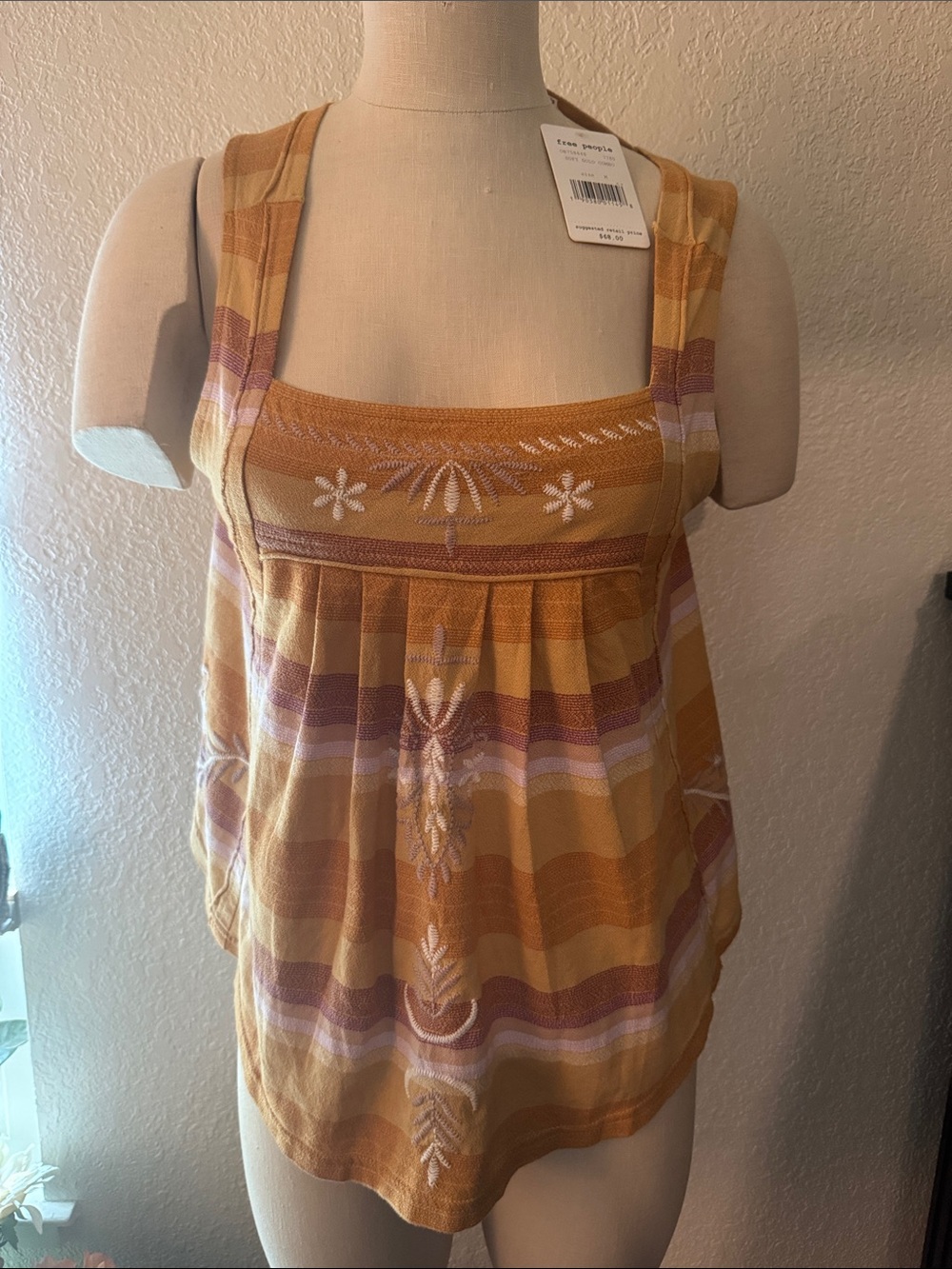 Free People Striped Mustard Yellow Embroidered Sleeveless Camisole Women's  New